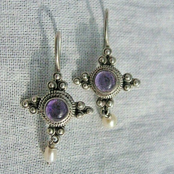 Jewelry - Vintage Sterling Silver Amethyst & Pearl Earrings